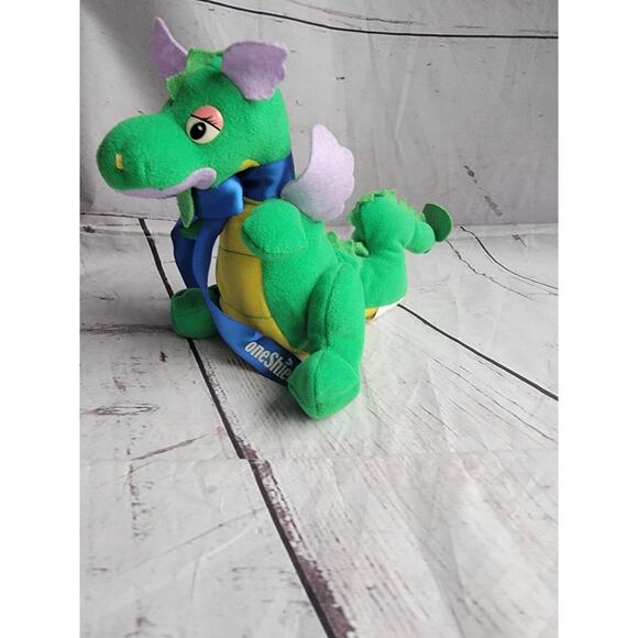 Plush Dragon Stuffed Animal Toy Vintage Green Plushie Small One Sheild Ribbon - Picture 1 of 8